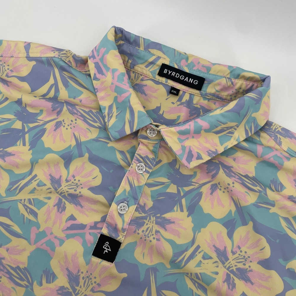 Byrdgang‎ Polo Shirt Mens 2XL Pastel Floral Tropical Performance Golf Tee
